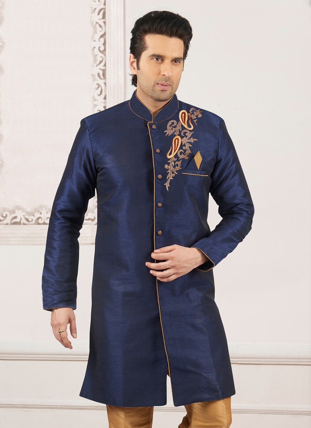 Embroidered Dupion Silk Navy Blue Kurta - M6299