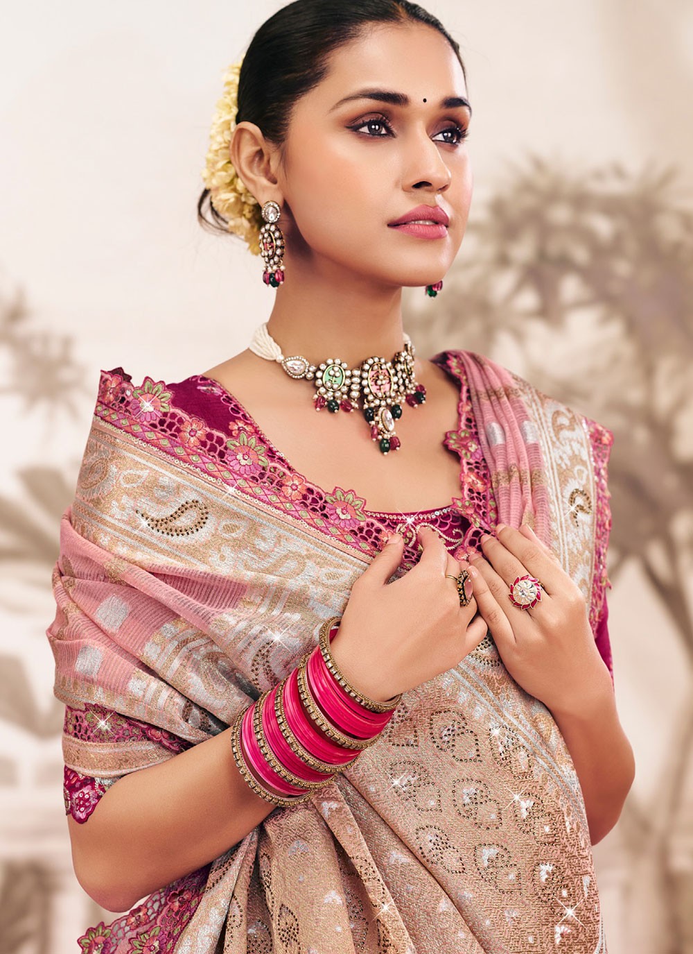 Pink Silk Designer Saree Embroidered, Lace S19600
