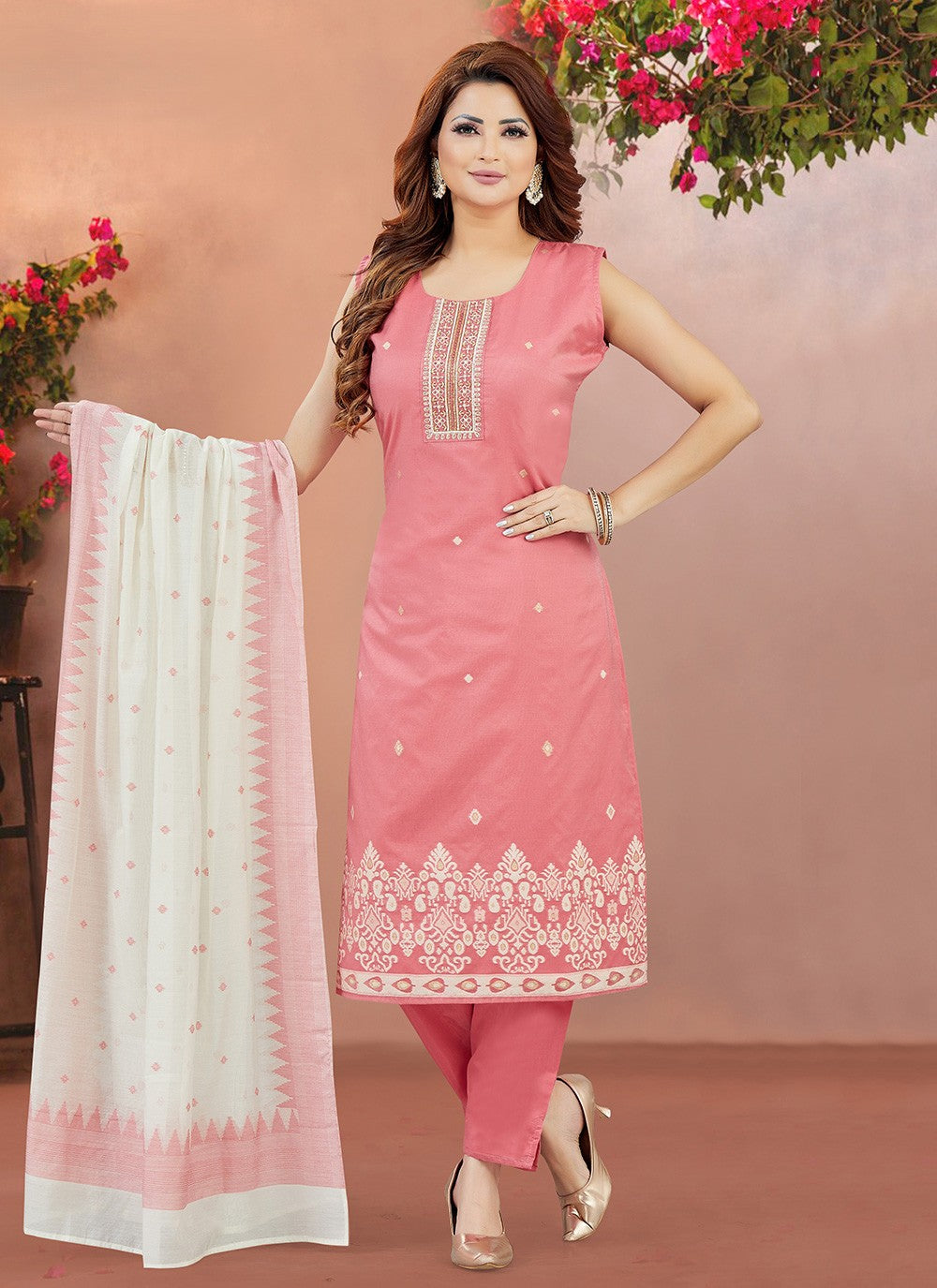 Pant Style Suit Embroidered Pink T8042