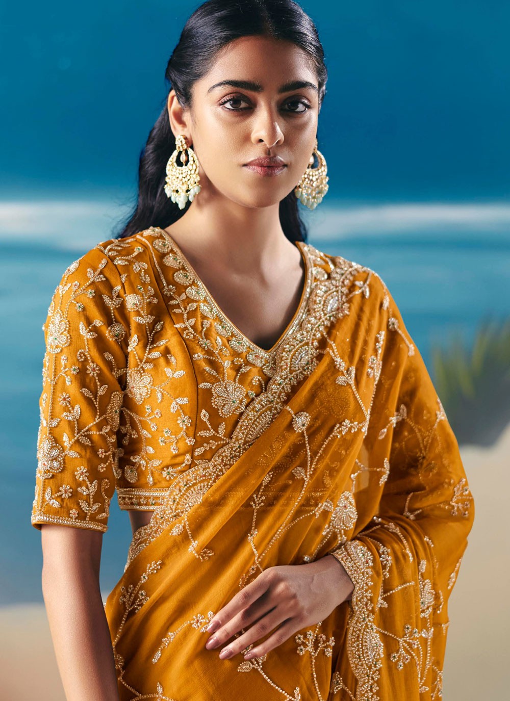 Mustard Fancy Fabric Contemporary Saree Embroidered, Sequins S20189