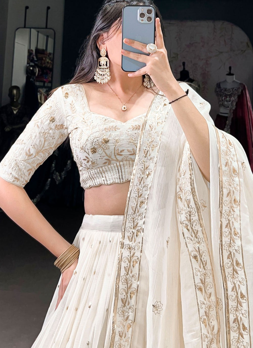 Embroidered Fancy Fabric Off White Lehenga Choli L3719