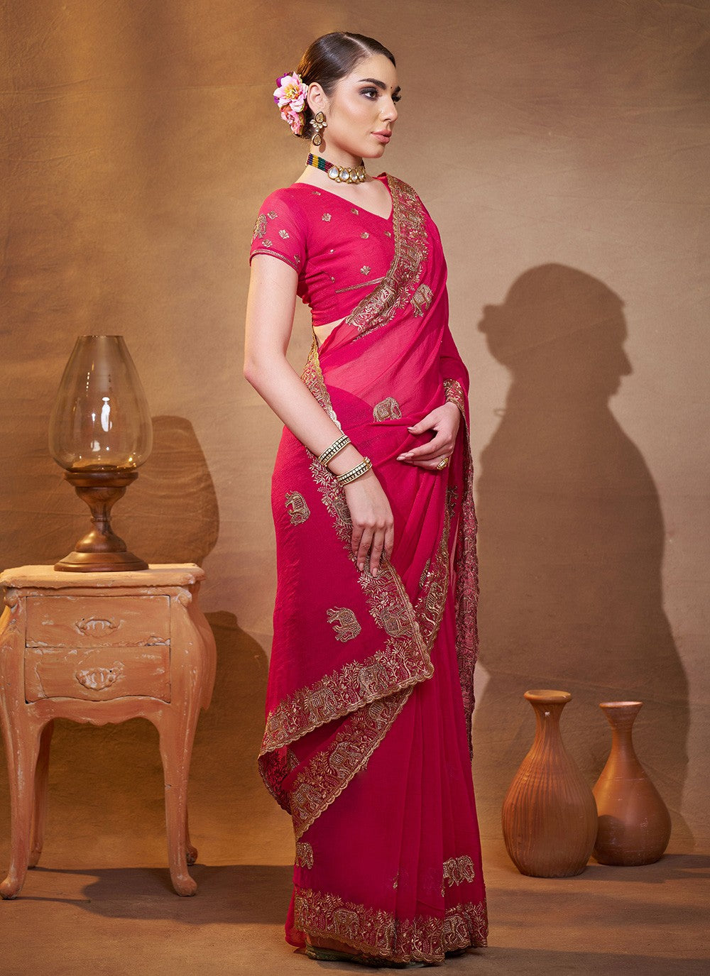 Embroidered Chiffon Pink Saree S14408
