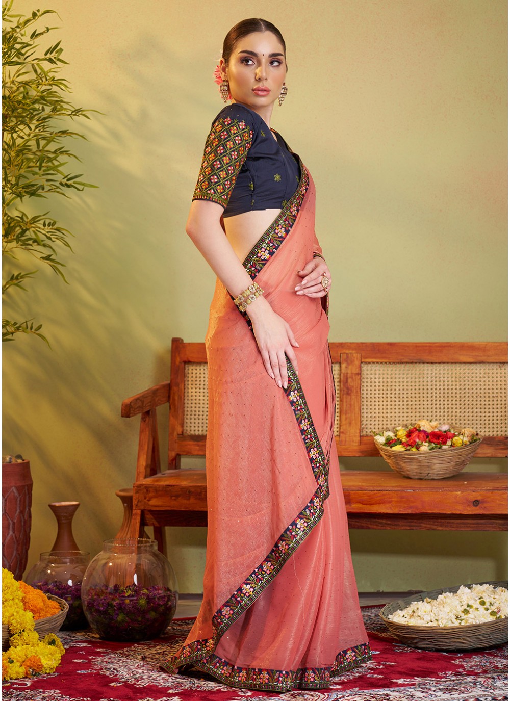 Embroidered Chiffon Peach Saree S14458
