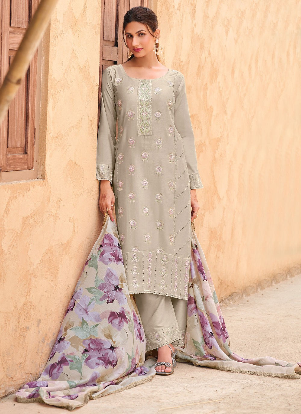 Pant Style Suit Embroidered Grey T7169