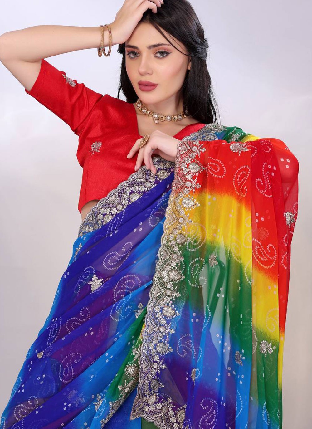 Classic Saree Embroidered Multi Colour Georgette Saree S13516