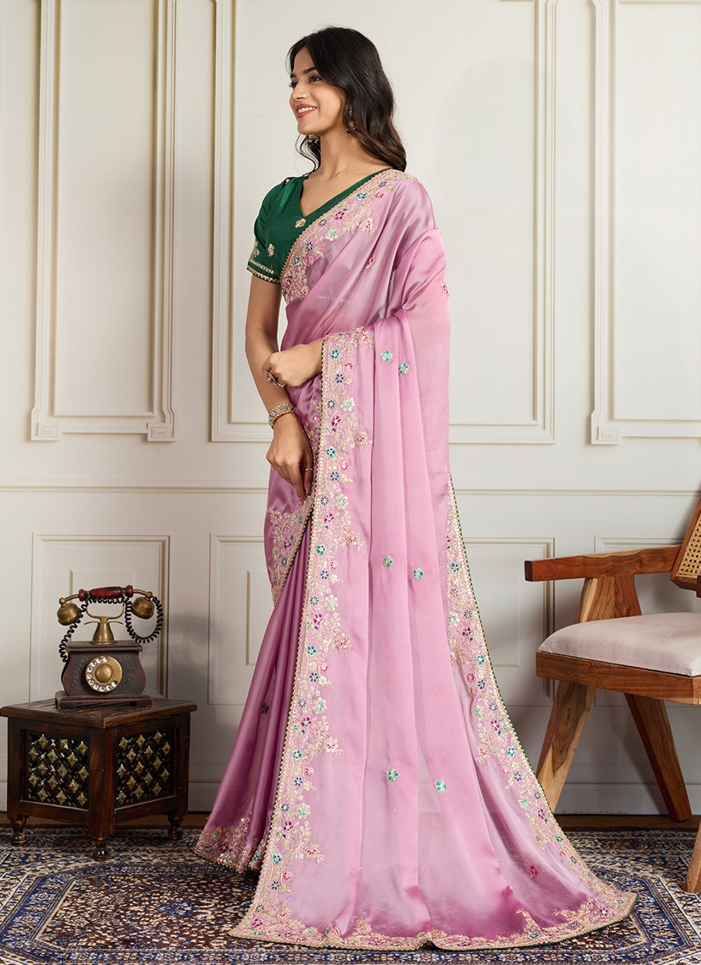 Pink Georgette Classic Saree Embroidered S19115