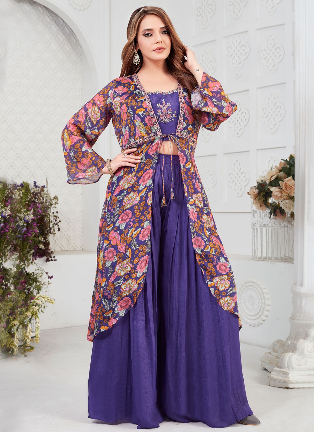 Jacket Style Suit Embroidered Violet Georgette T5881
