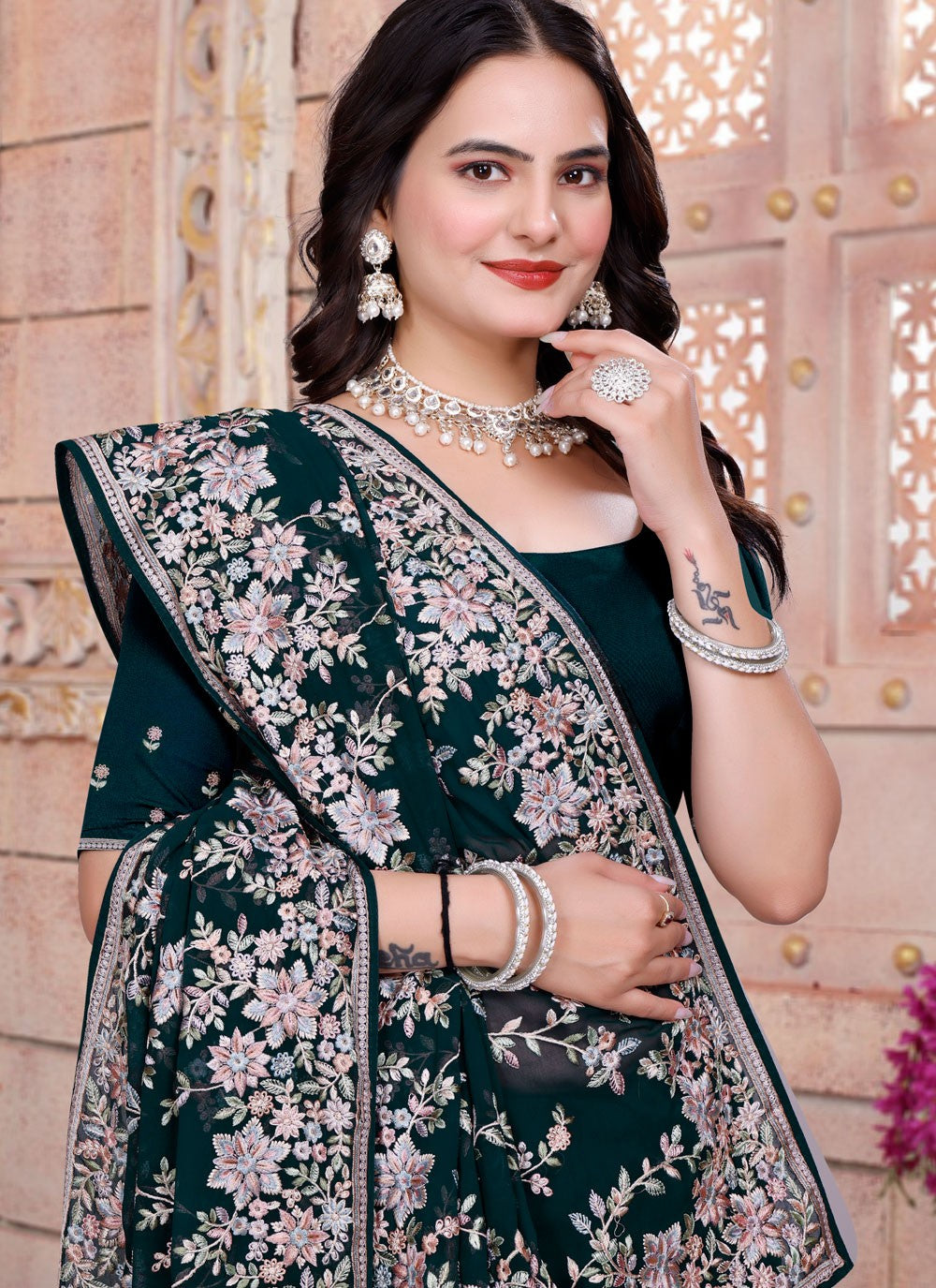 Embroidered Georgette Morpeach Saree S14836