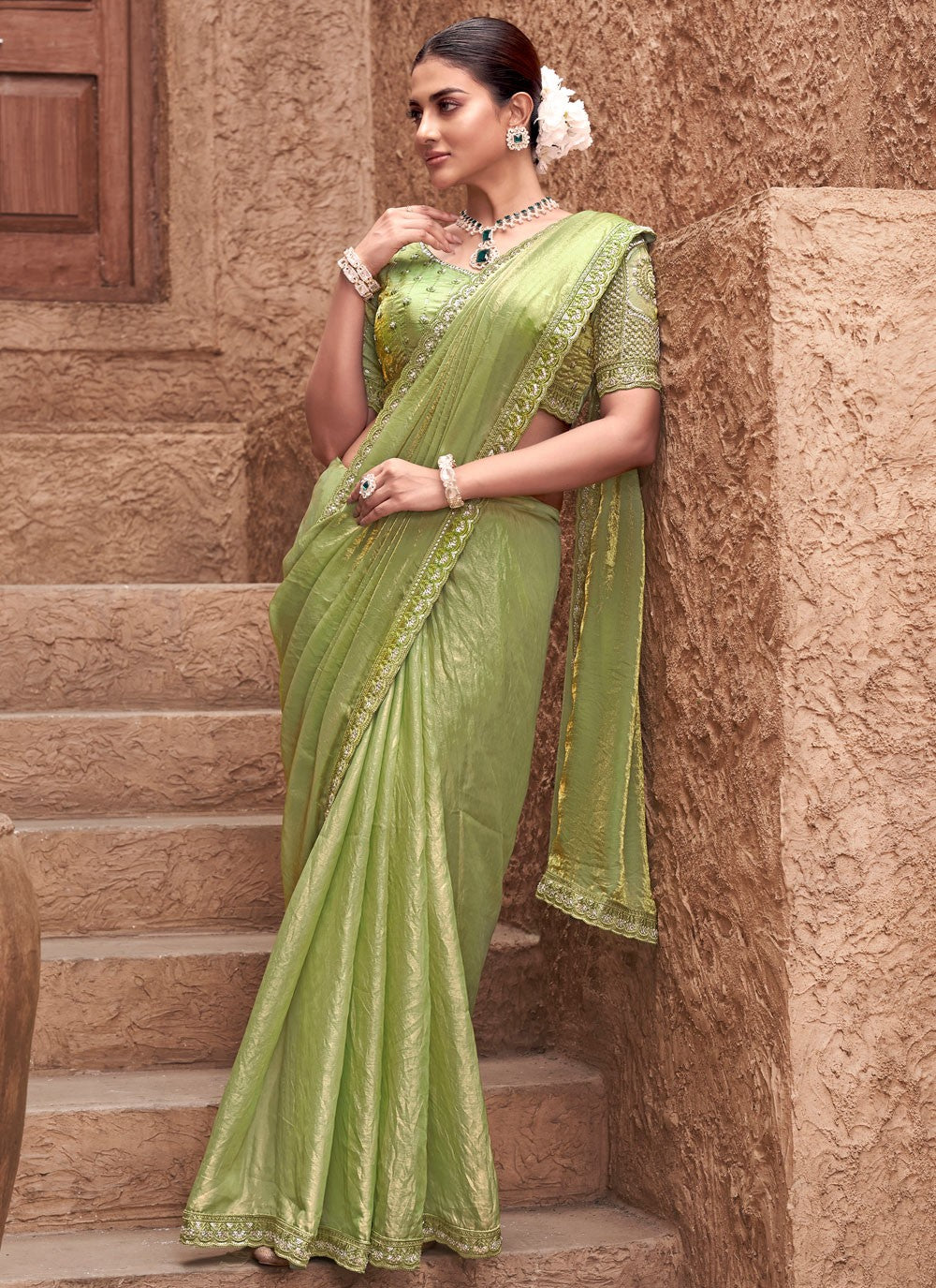 Classic Saree Embroidered Green Satin Silk Saree S13256