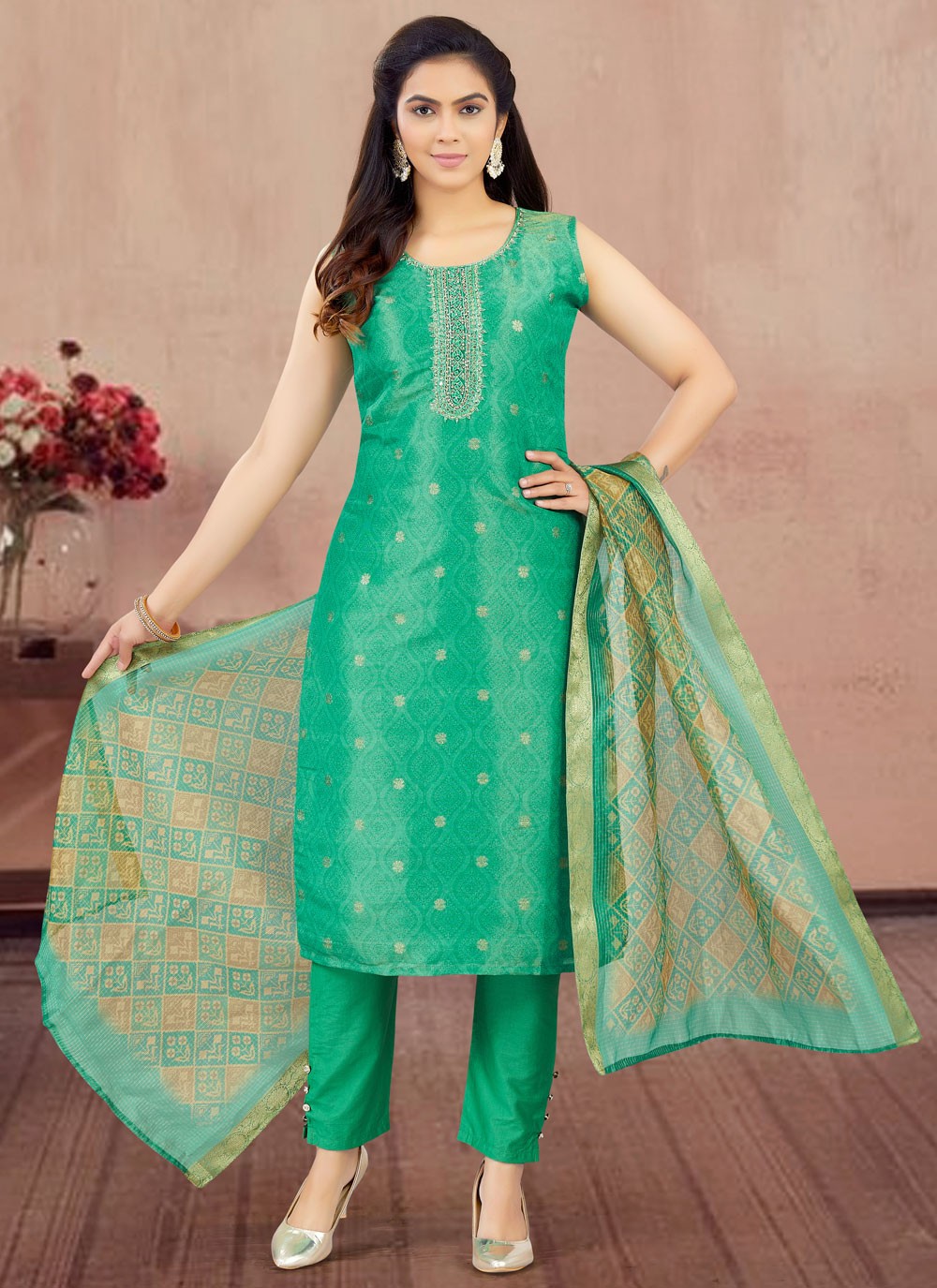 Pant Style Suit Embroidered, Printed Green T7427