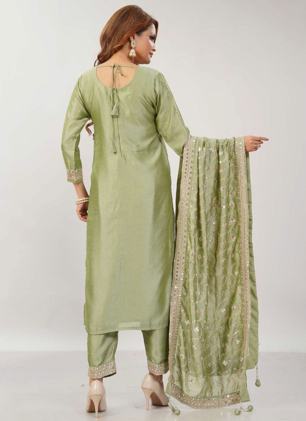 Pant Style Suit Embroidered, Sequins, Zari Green T7685