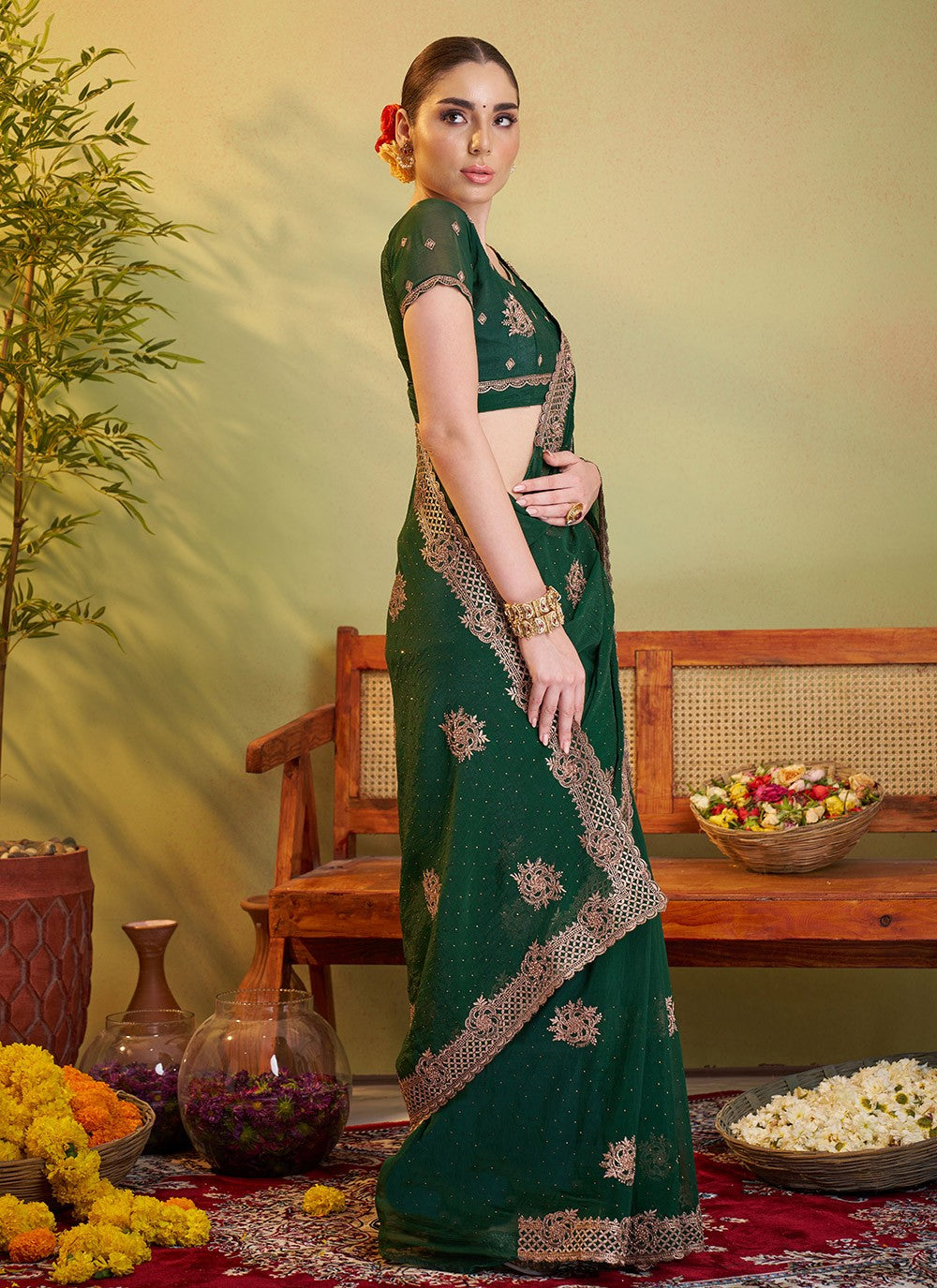 Embroidered Chiffon Green Saree S14409