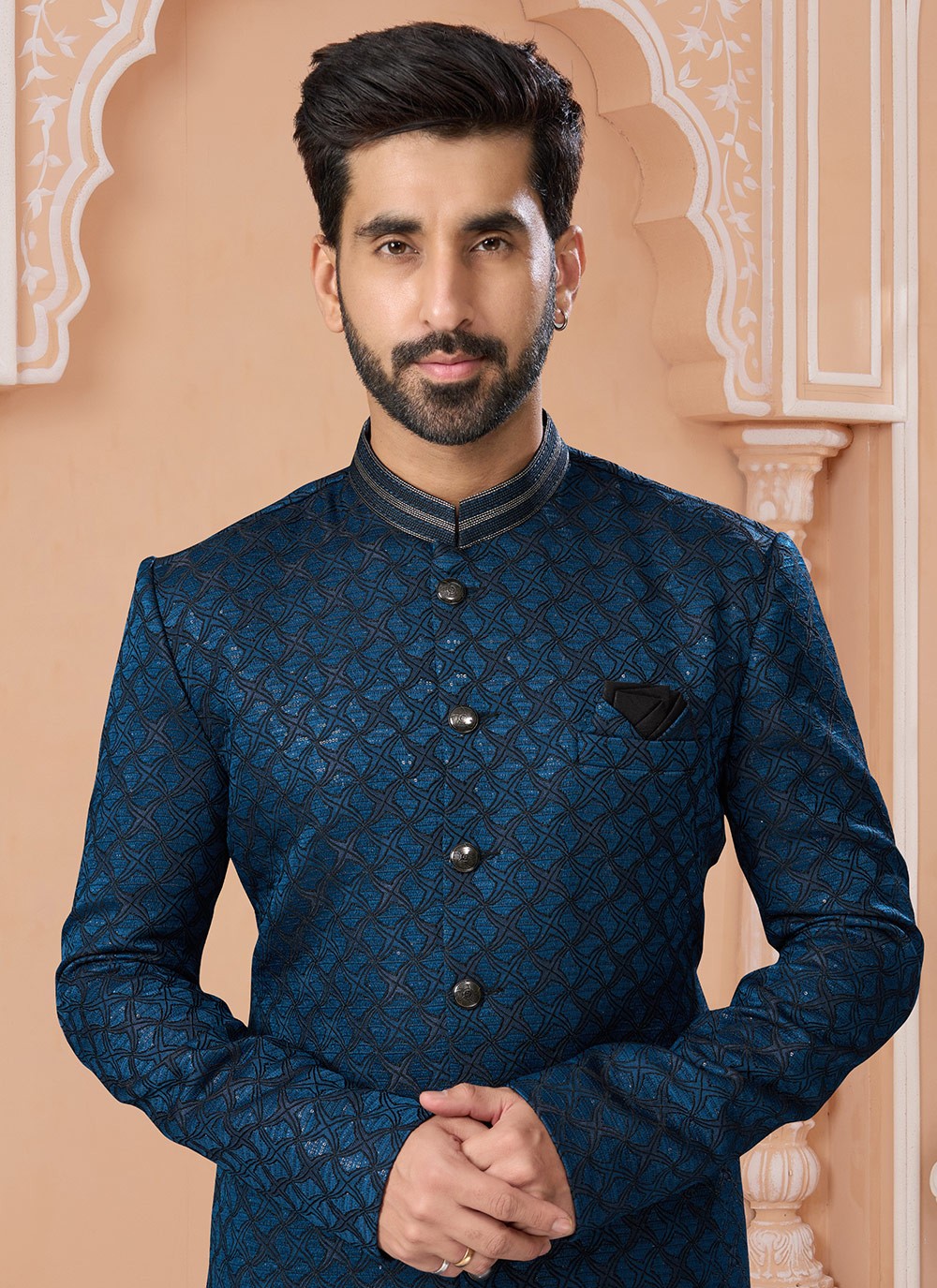 Embroidered Jacquard Teal Indo Western Sherwani - M6884