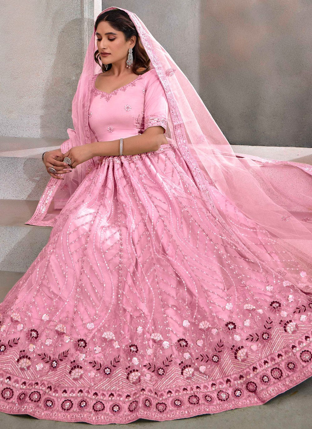 Embroidered Net Pink Lehenga - L3244