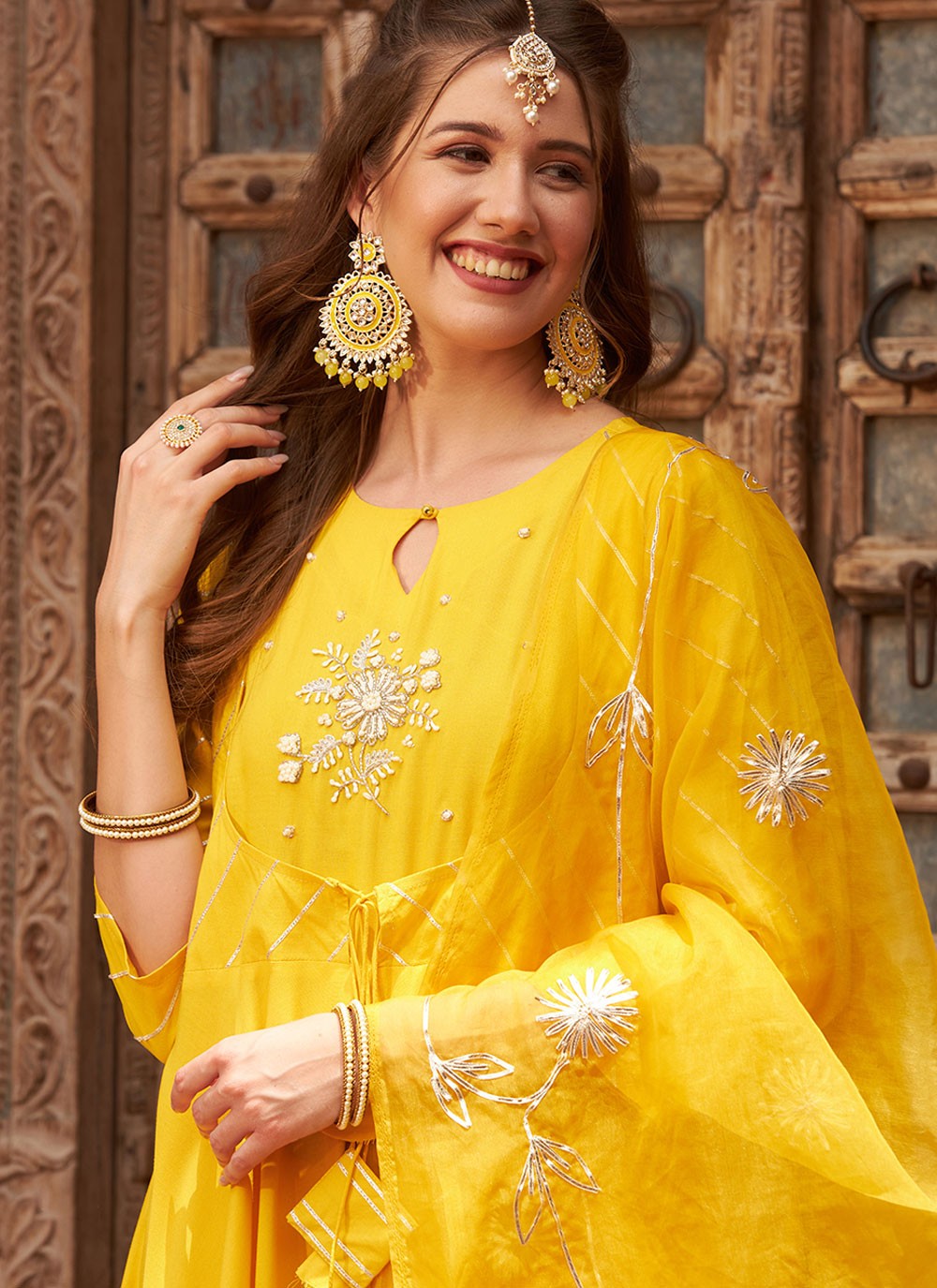 Embroidered Rayon Yellow Anarkali T6598