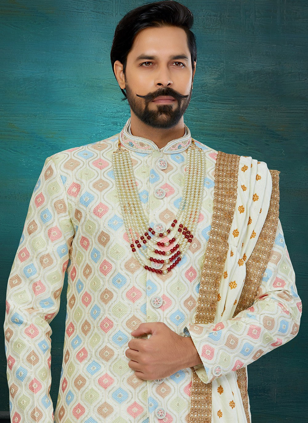 Chikankari Work Lucknowi Multi Colour Indo Western Sherwani - M5813