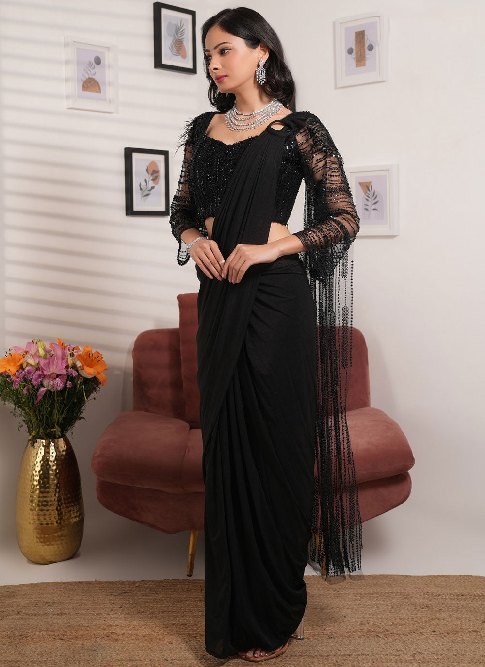 Classic Saree Embroidered Black Lycra Saree S13176