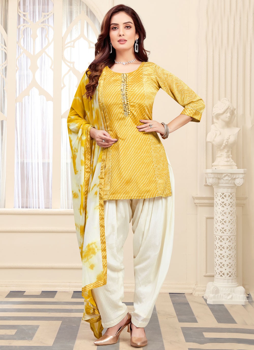 Salwar Suit Embroidered Yellow Silk T5661