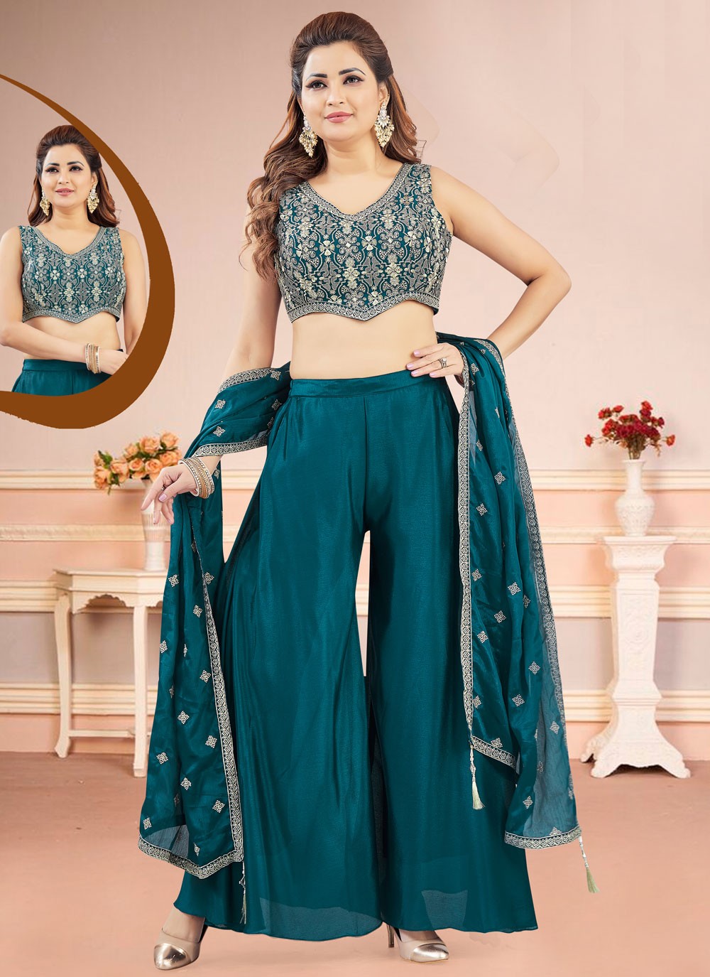 Salwar Suit Embroidered Morpeach Silk T5808