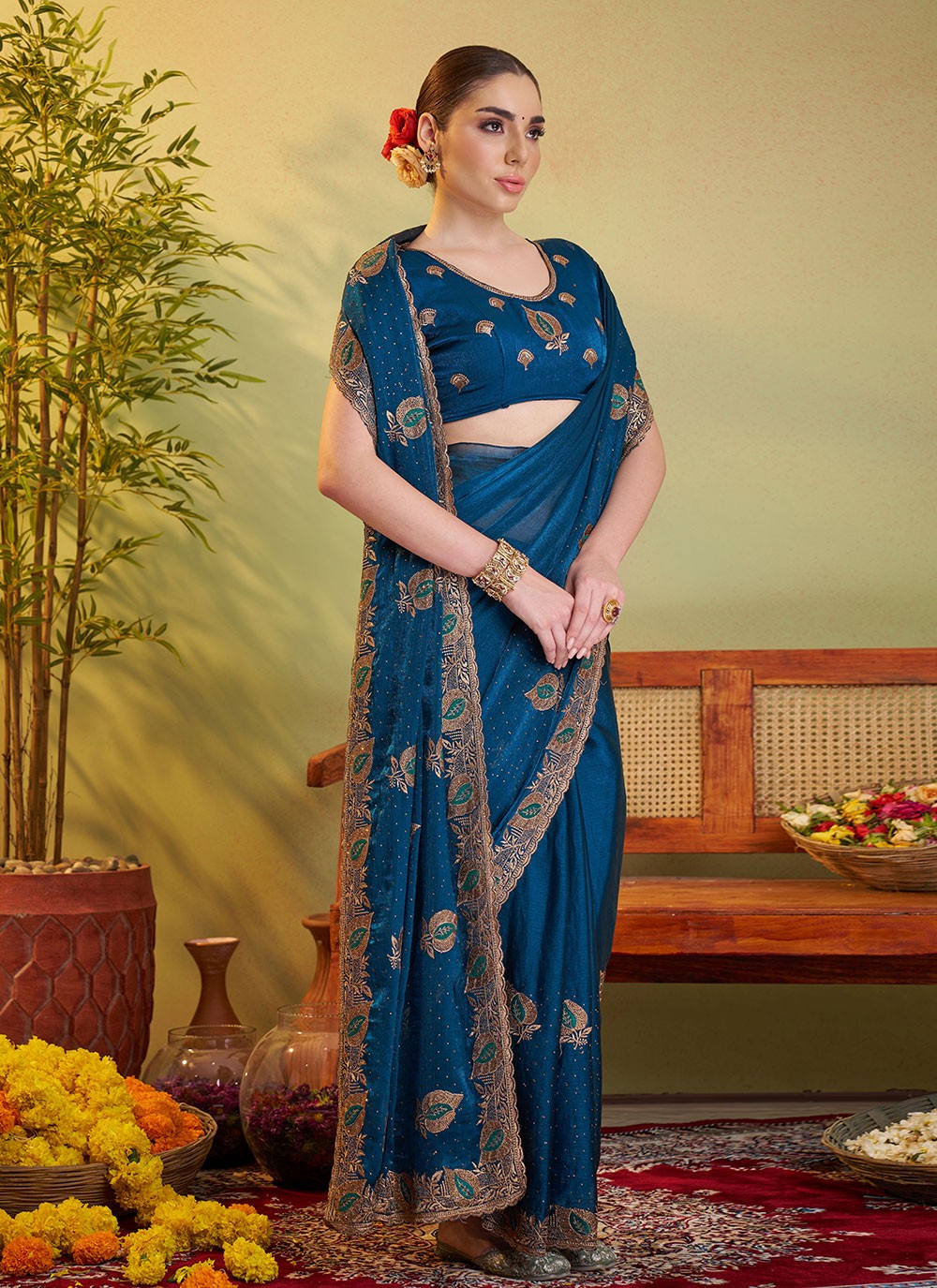 Embroidered Satin Morpeach Saree S14413
