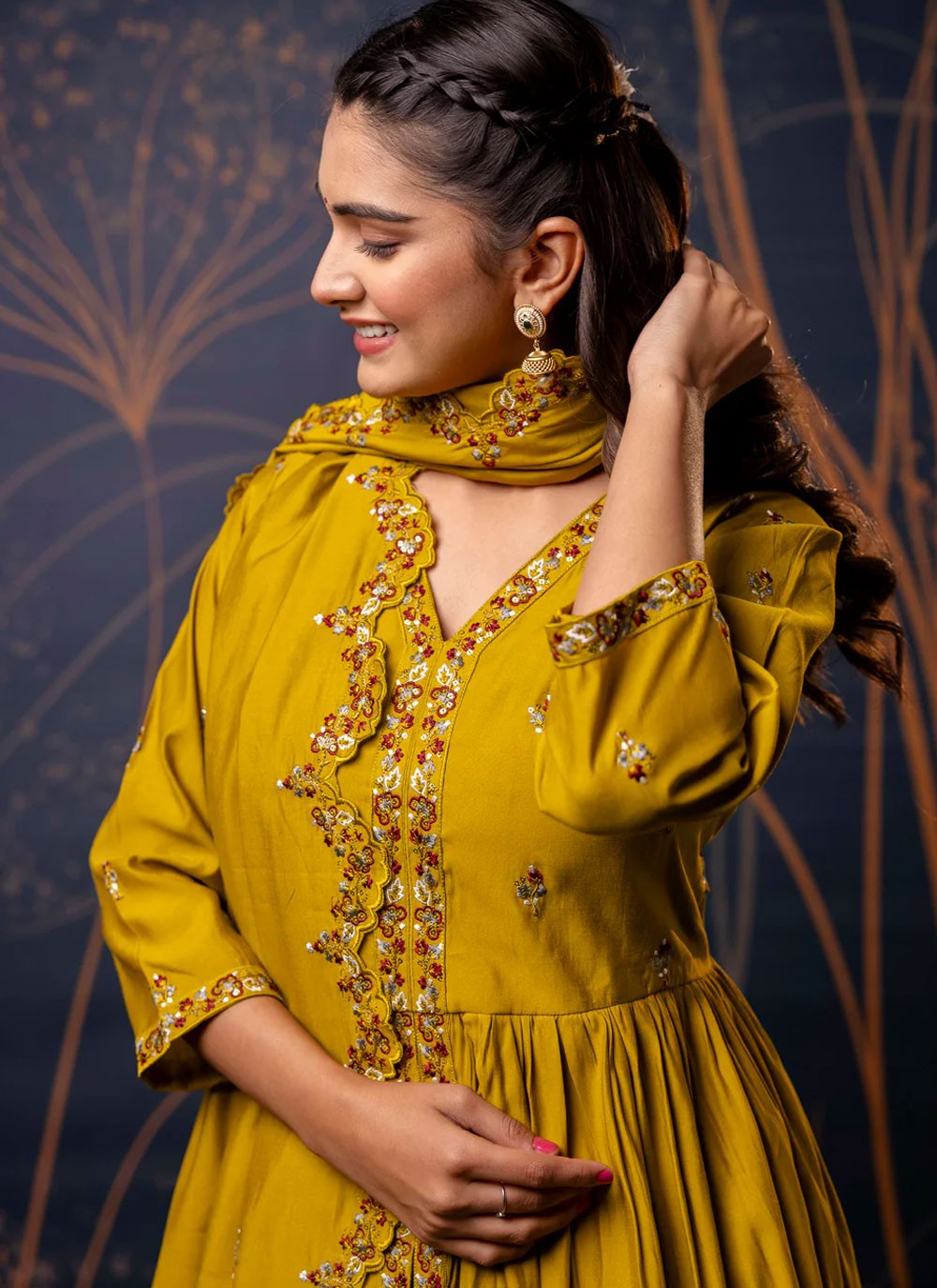 Embroidered Silk Blend Mustard Salwar Suit T6120