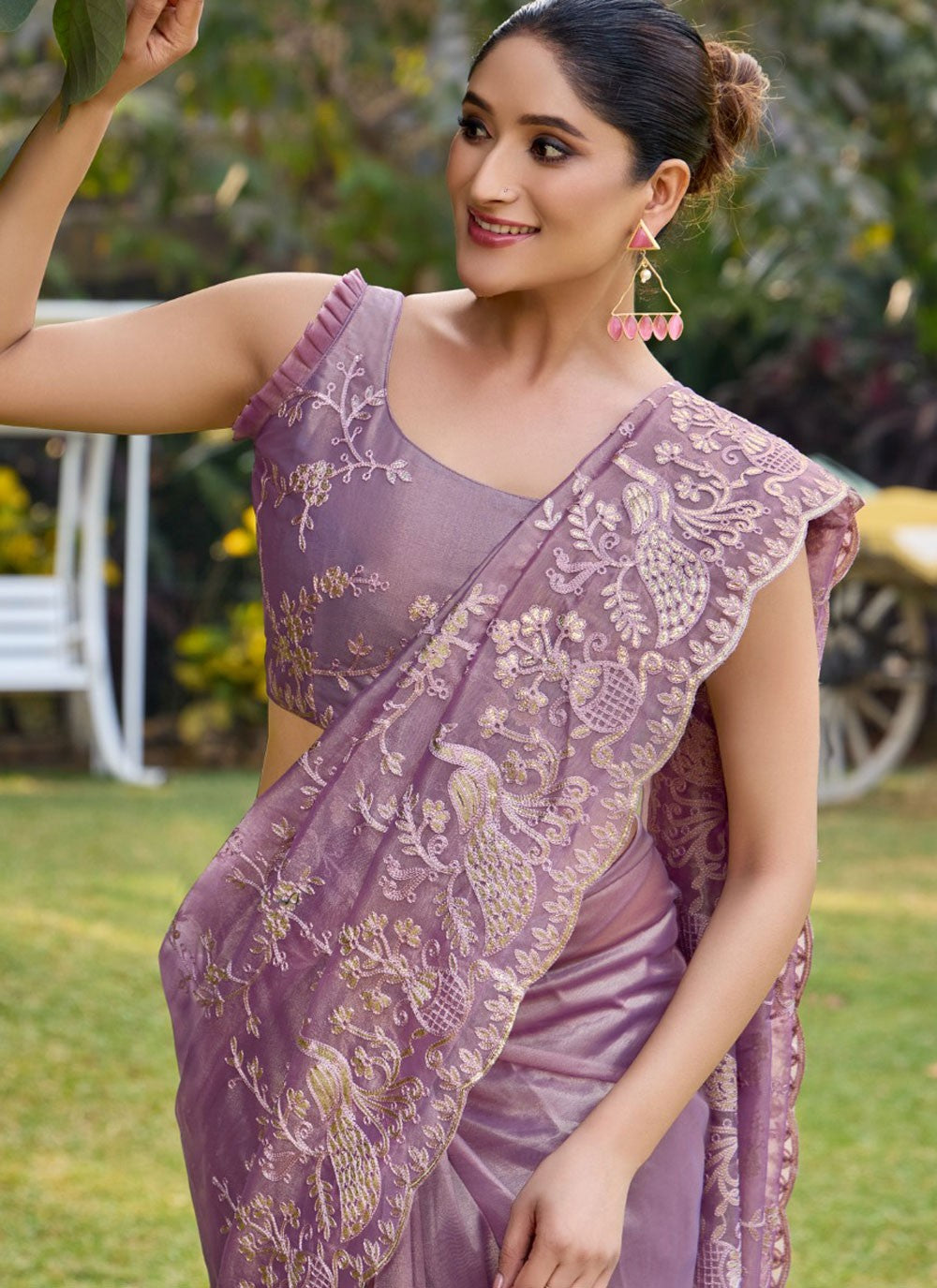 Contemporary Embroidered Purple Net Saree S13476