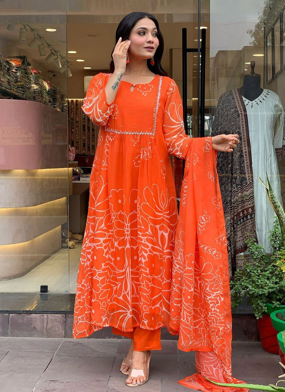 Embroidered Faux Georgette Orange Salwar Suit T6103
