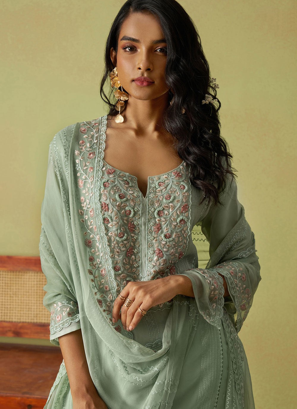 Embroidered Organza Sea Green Pant Style Suit T6145