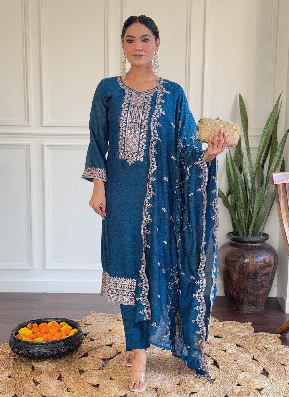 Embroidered Vichitra Silk Pant Style Suit - T4686