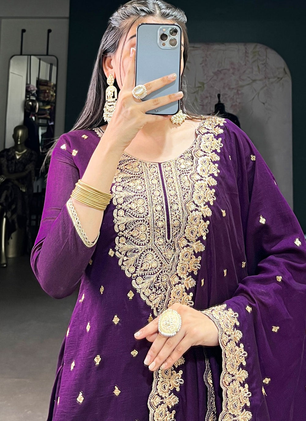 Pant Style Suit Embroidered, Zari Purple T7108