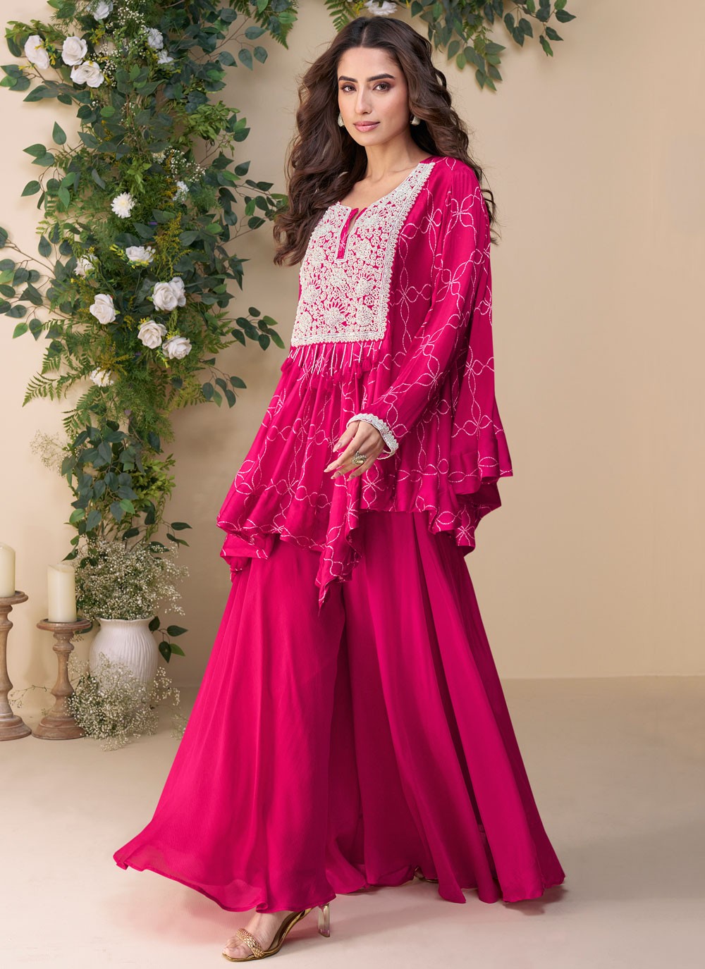 Palazzo Suit Embroidered Hot Pink T7841