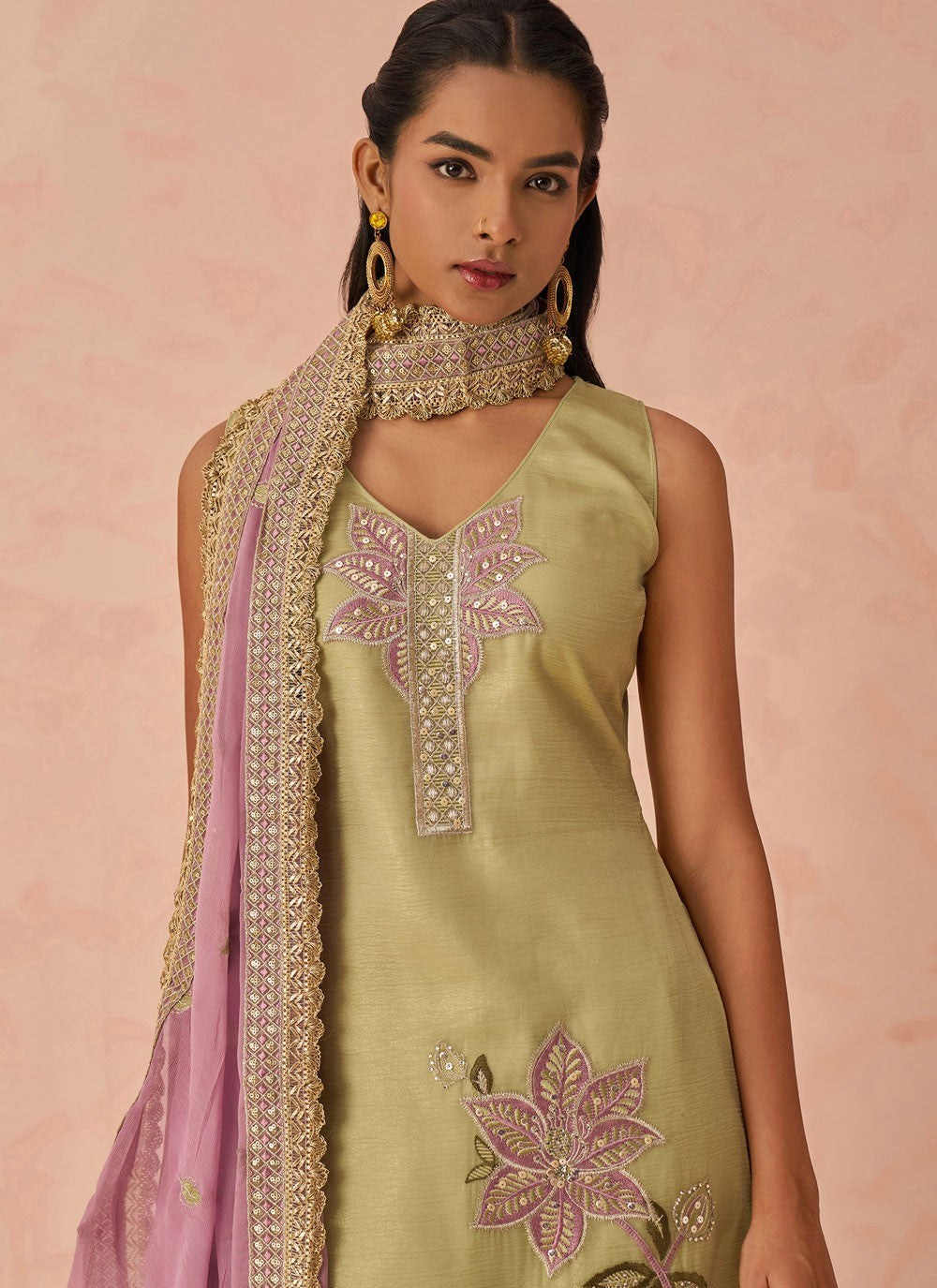 Pant Style Suit Embroidered, Sequins Green T7240