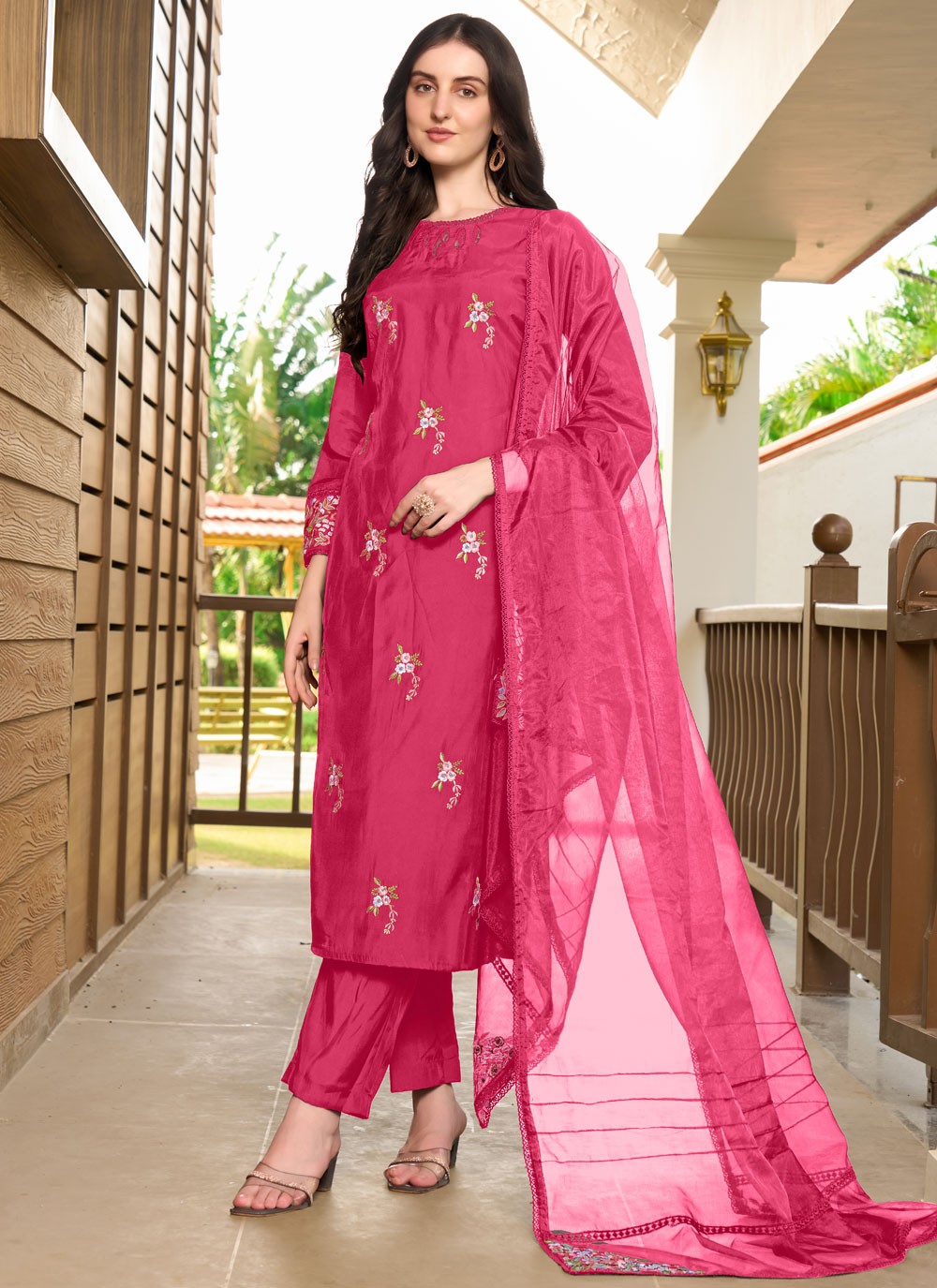 Salwar Suit Embroidered Peach Silk T5354