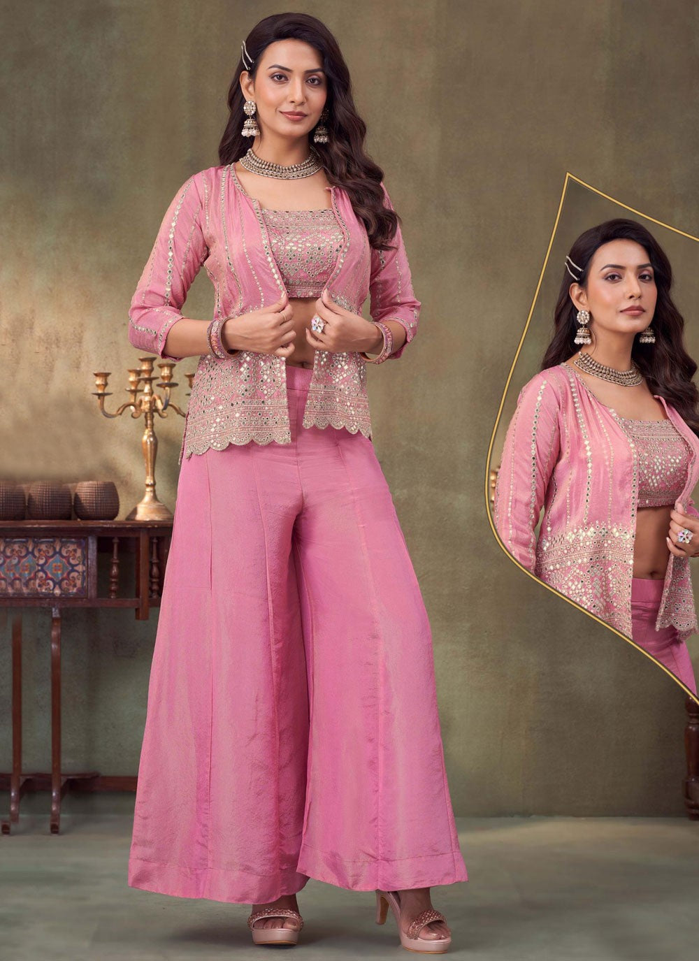 Palazzo Suit Embroidered, Mirror, Zari Pink T7779
