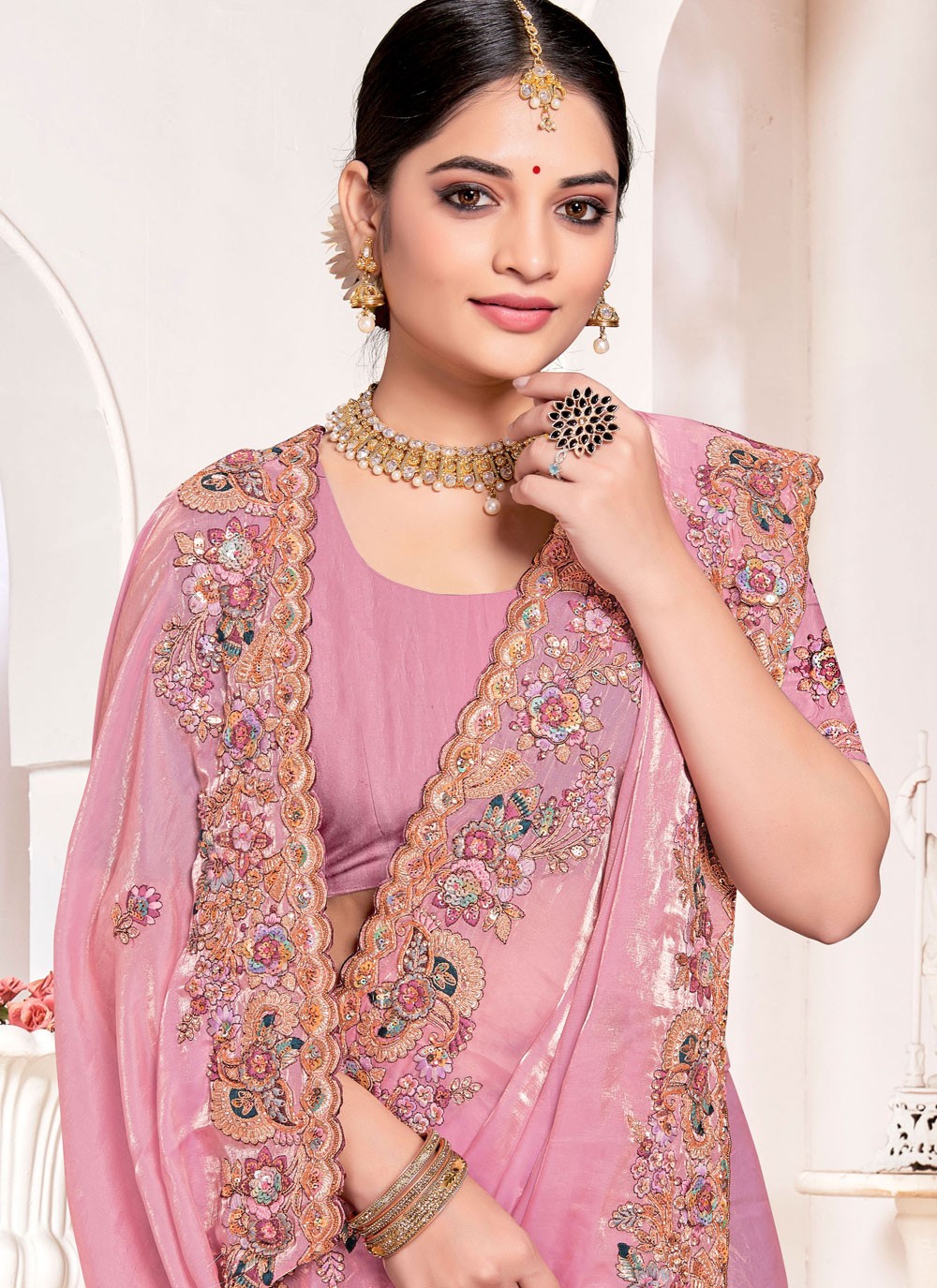 Traditional Saree Beads Pink Silk Saree S13077