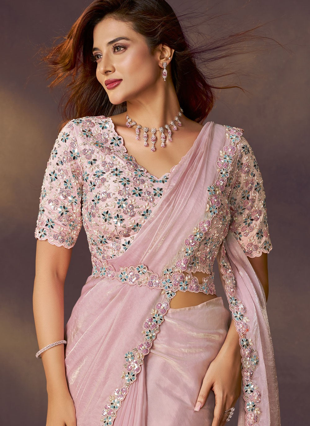 Pink Satin Silk Traditional Saree Embroidered, Sequins S20485