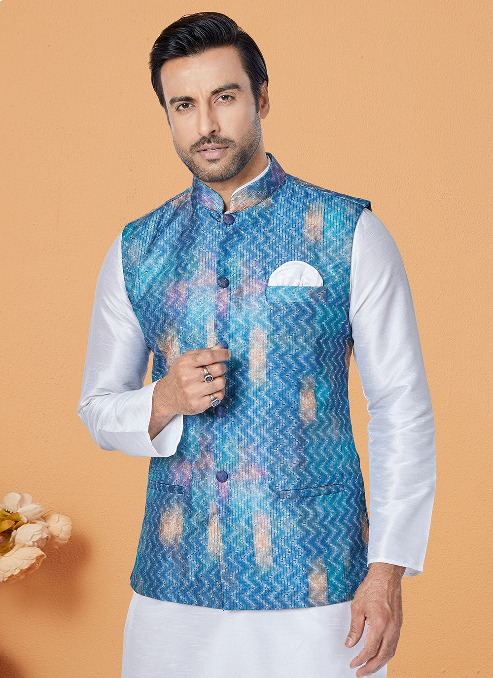 Embroidered Banarasi Silk, Polyester Multi Colour, White Kurta Payjama With Jacket - M5533
