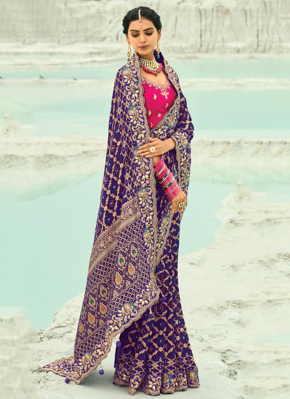 Purple Pure Georgette Bandhej Saree Cutdana, Embroidered, Fancy Work, Zari S19132