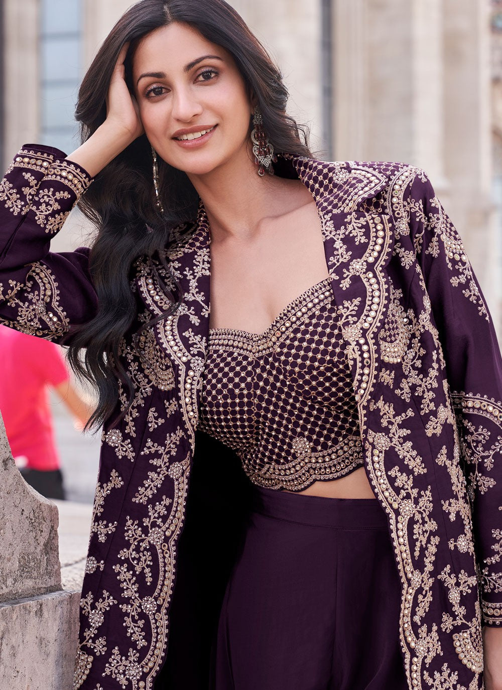 Palazzo Suit Embroidered Purple Silk T5424