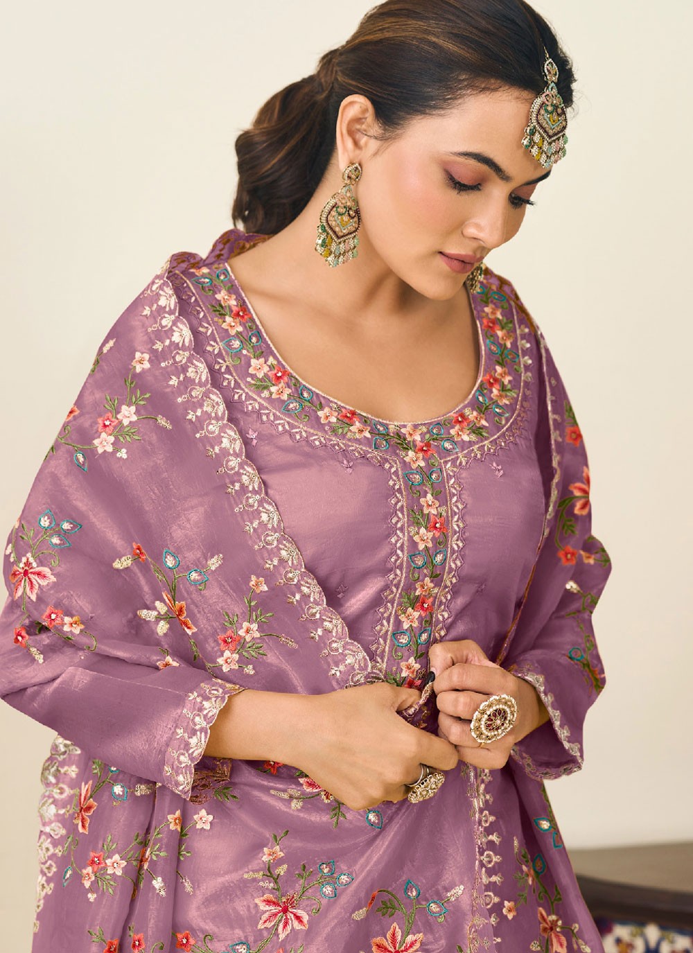 Pant Style Suit Embroidered Purple T7025