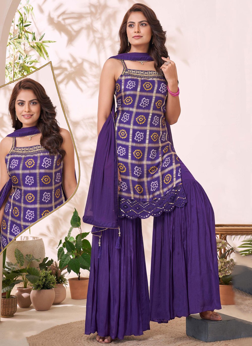 Palazzo Suit Embroidered, Printed, Thread Purple T7780