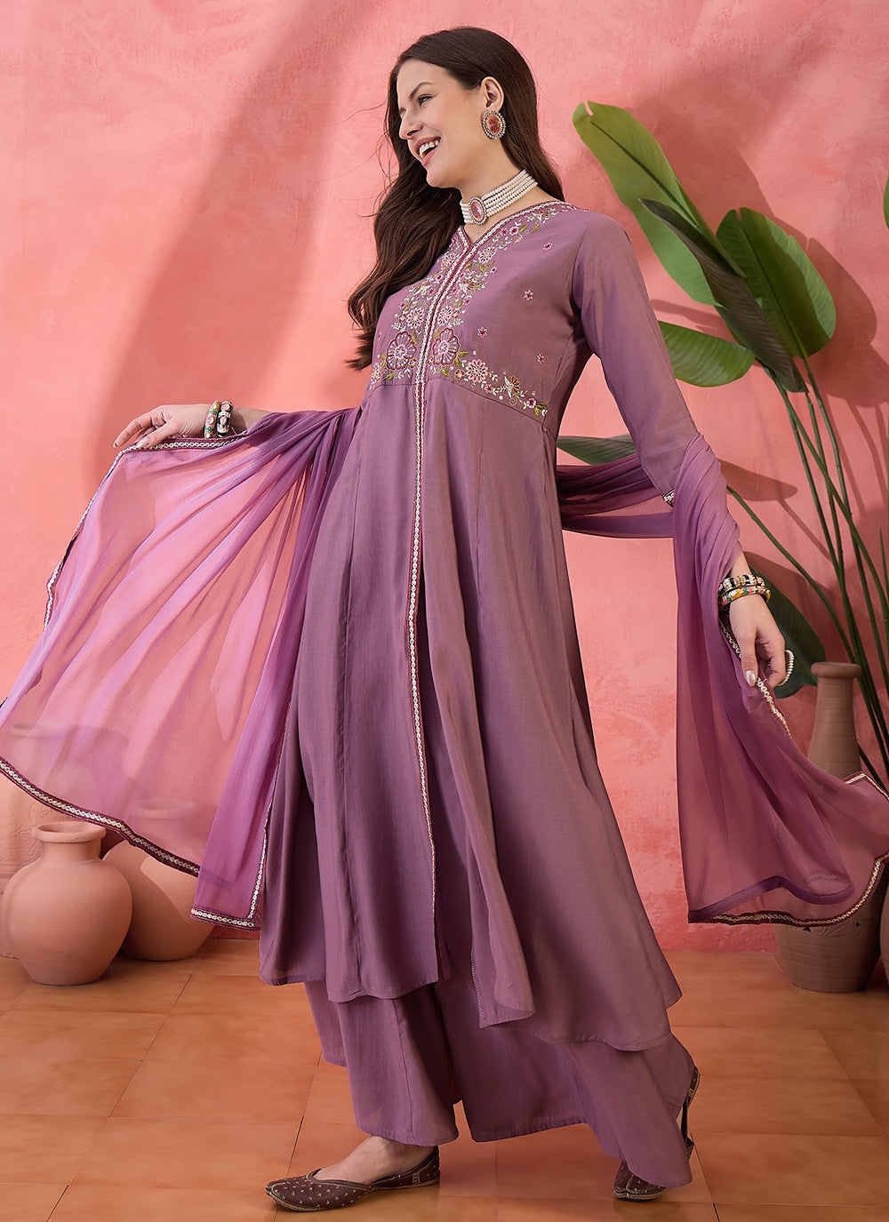 Palazzo Suit Embroidered Purple T6985