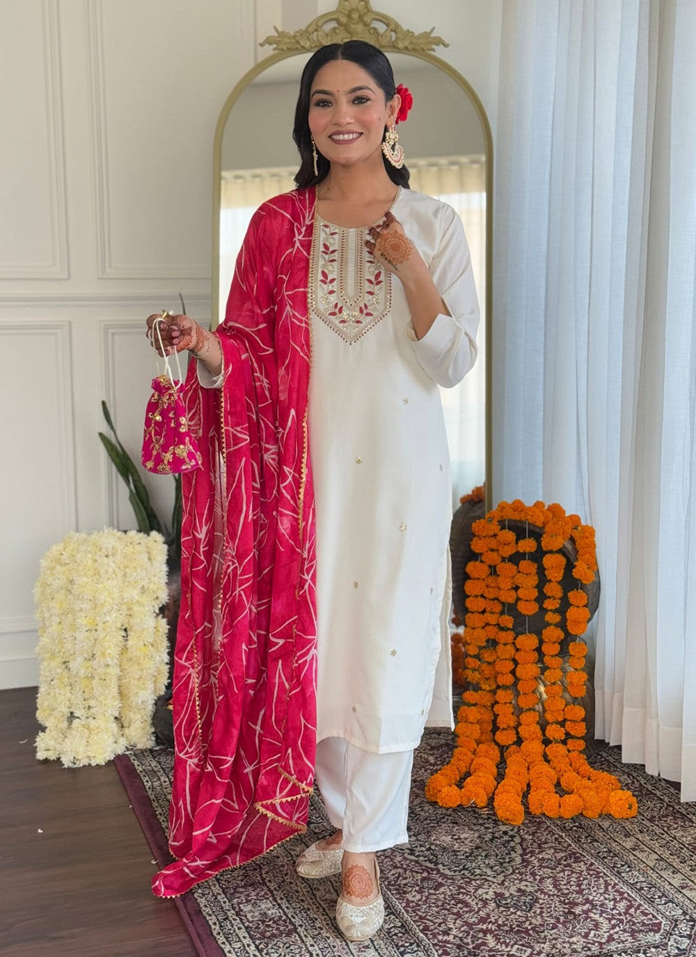 Embroidered Rayon White Pant Style Suit T6402