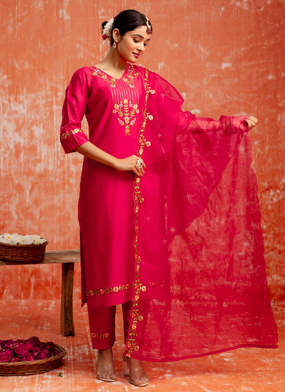 Salwar Suit Embroidered Hot Pink T7351