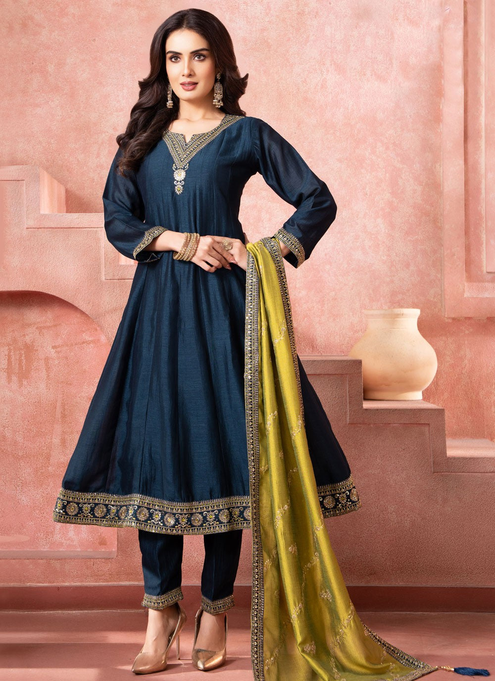 Anarkali Embroidered, Zari Navy Blue T8086