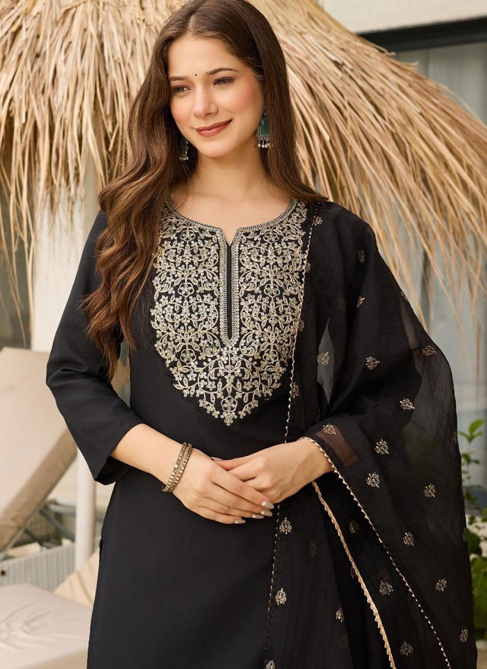Pant Style Suit Embroidered Black T8121