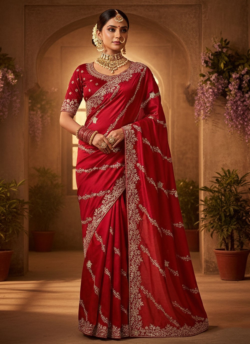 Red Satin Silk Classic Saree Aari Work, Embroidered, Sequins S20039