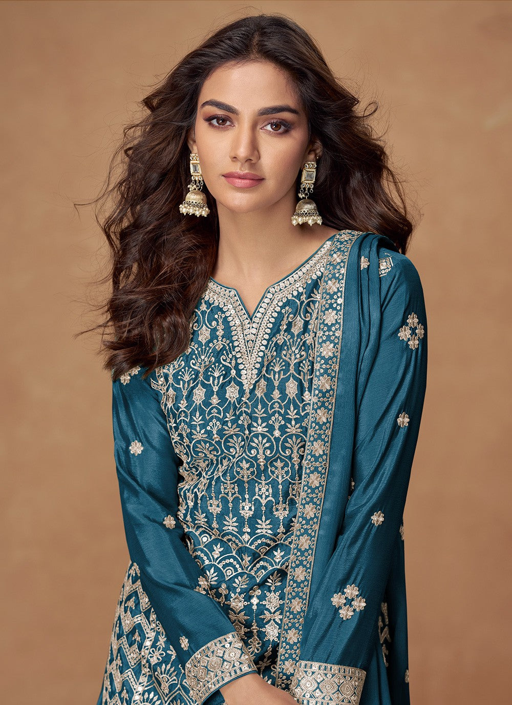 Sharara Suit Embroidered, Zari Teal T8058
