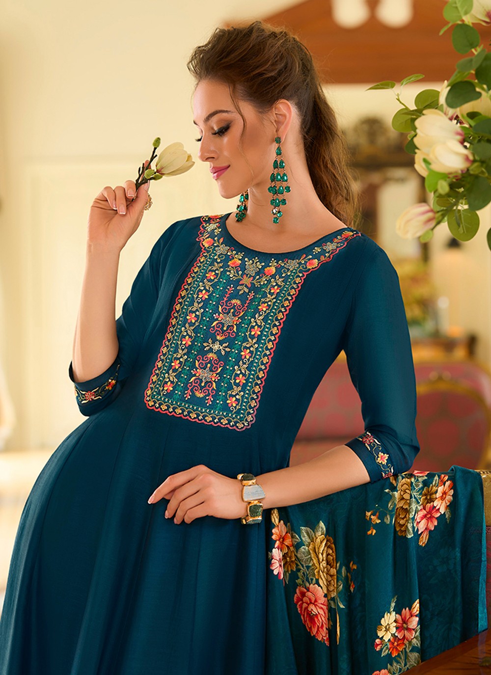 Anarkali Embroidered, Hand Embroidery Teal T8161