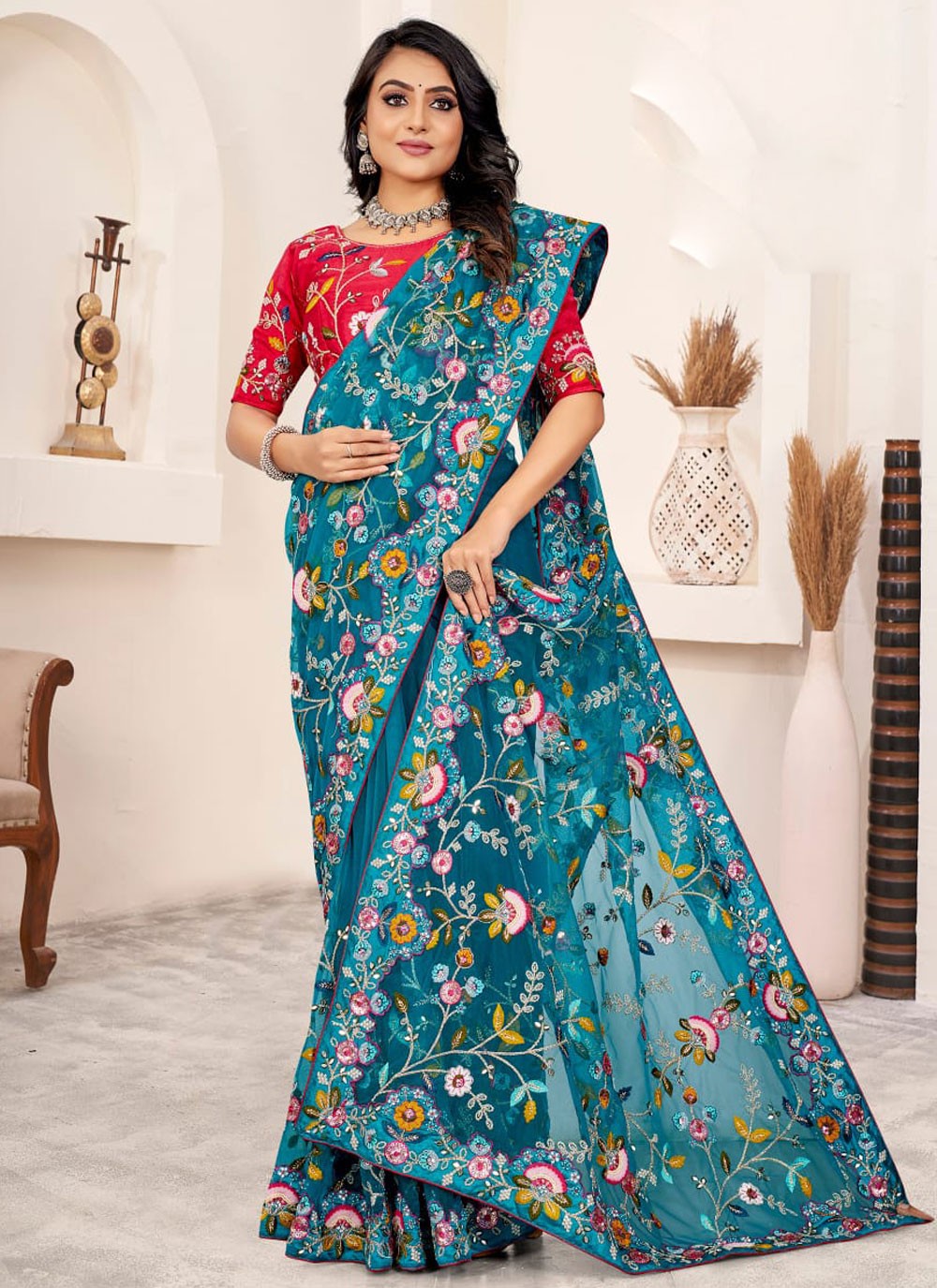 Contemporary Embroidered Morpeach Net Saree S13396